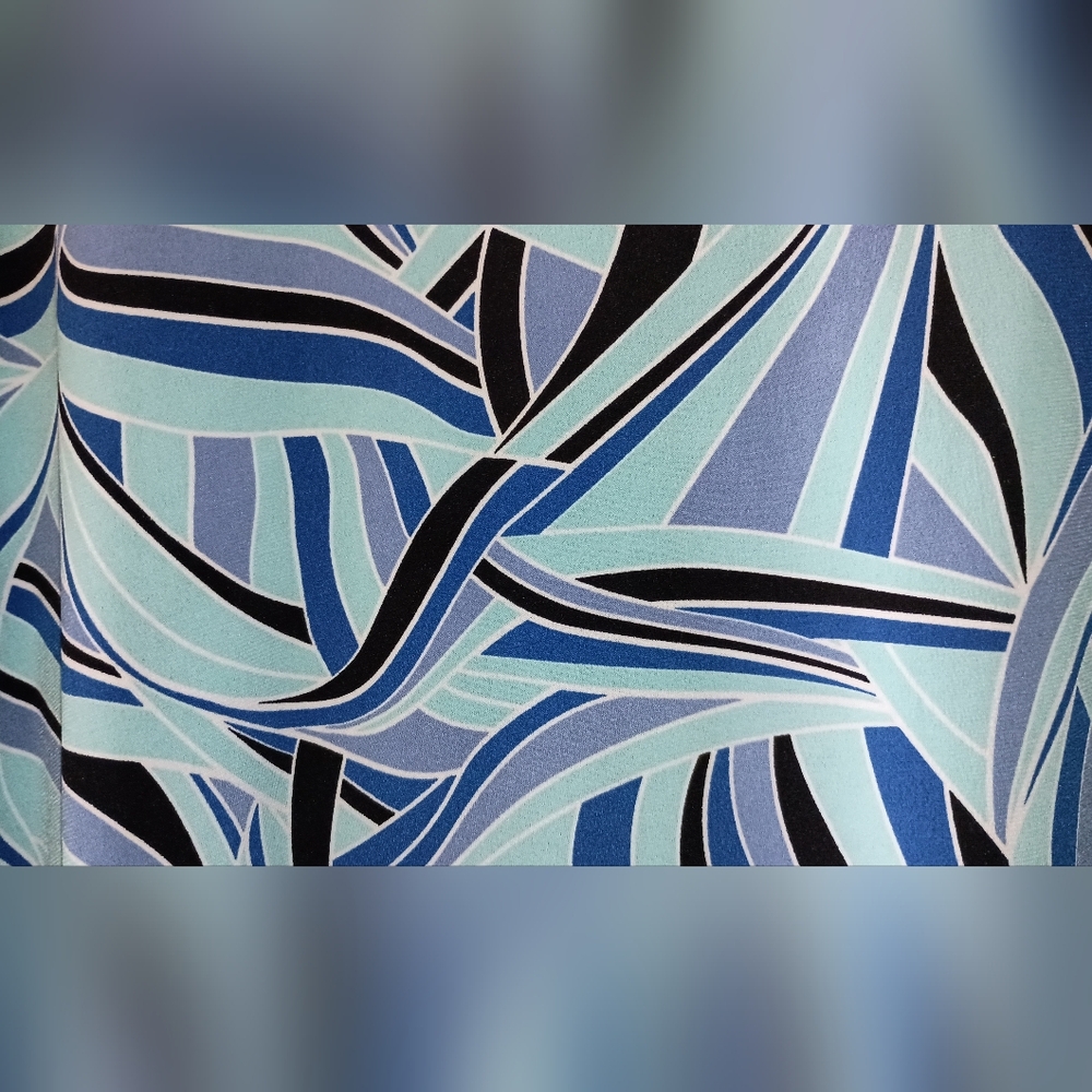 2/$20 Susan Graver Abstract Blue and Black Liquid Knit Blouse - Picture 3 of 5